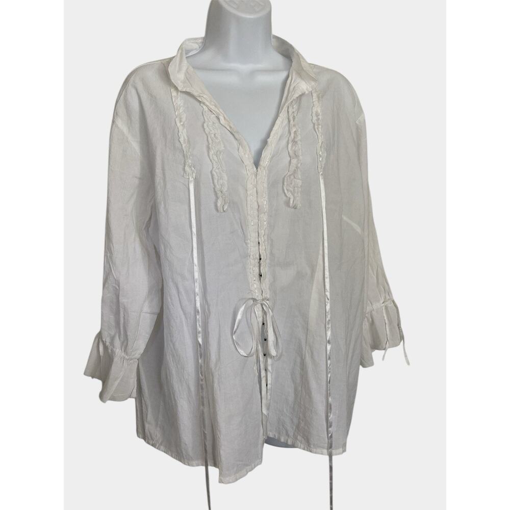 Vintage 90s Y2k White Cotton Romantic Fairy Boho Whimsy Ribbon Trim Blouse Top L